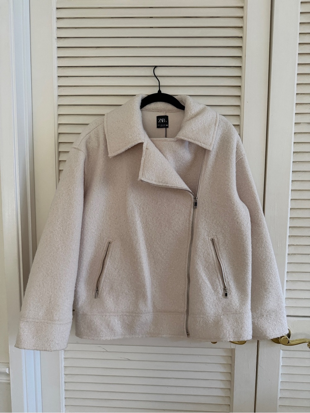 Zara Cream Bouclé Zip-Front Bomber Jacket